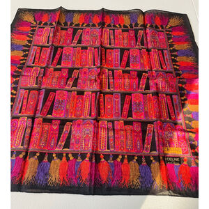 Women's Celine Black Red Bookshelf Tassel Scarf 20 x 20” New